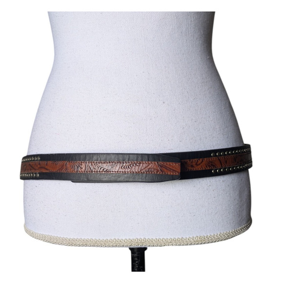 Terry Stack Black Brown Studded Hook and Loop Italian Leather Belt Size Large - Picture 1 of 9